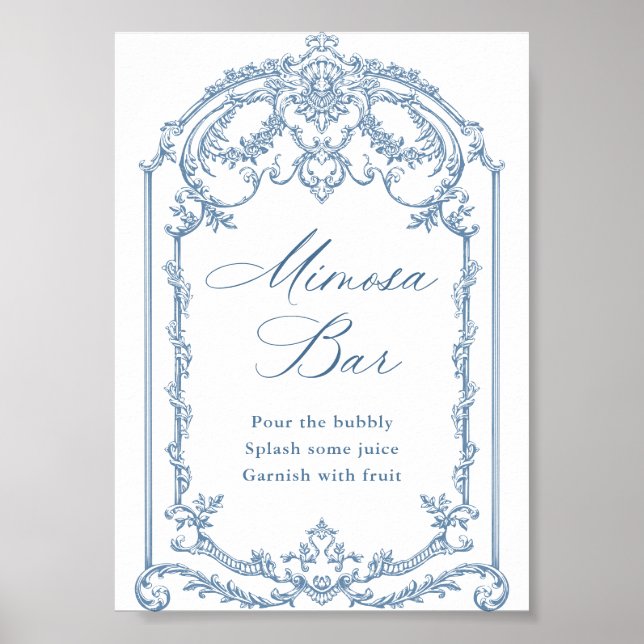 Póster Rótulo del bar Mimosa azul floral de Grace Ornate (Frente)