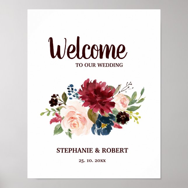 Póster Rótulo del Boho Boda floral de la Marina Roja de B (Frente)