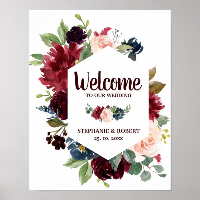 Póster Rótulo del Boho Boda floral de la Marina Roja de B (Frente)
