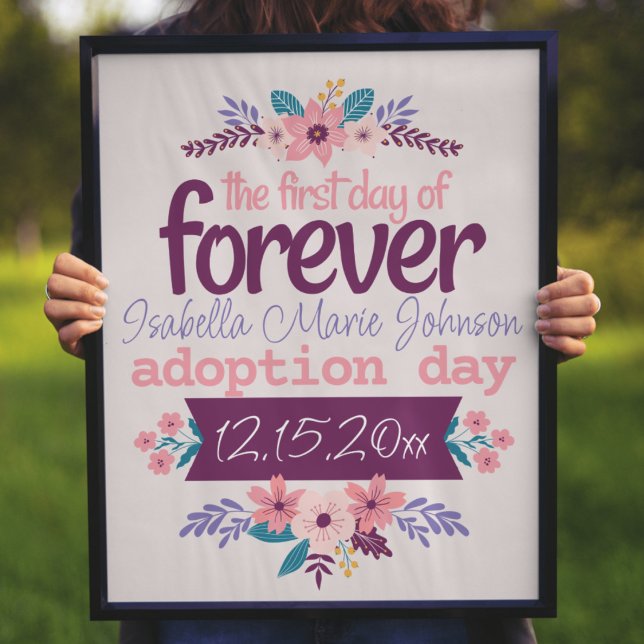 Póster Rótulo del Día de la Adopción "Primer día de la et (adoption day sign "first day of forever" custom name and adoption day date feminine pink flowers)