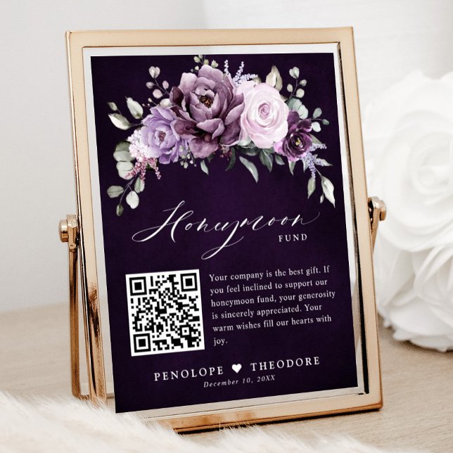 Póster Rótulo del Fondo de Luna de Miel en tonos turbulen (Shades of dusty purple blooms floral honeymoon fund sign)