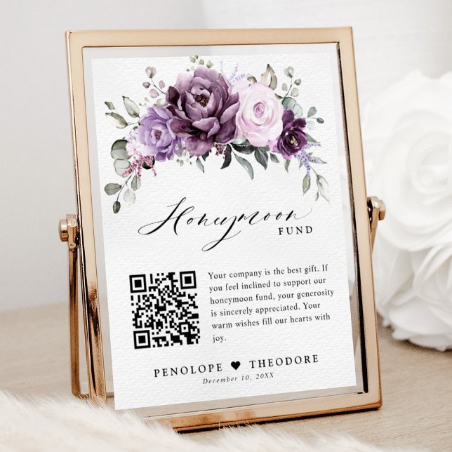 Póster Rótulo del Fondo de Luna de Miel en tonos turbulen (Shades of dusty purple blooms floral honeymoon fund sign)