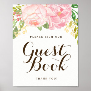 Póster Rótulo del libro de huéspedes de Peonies Rosados (