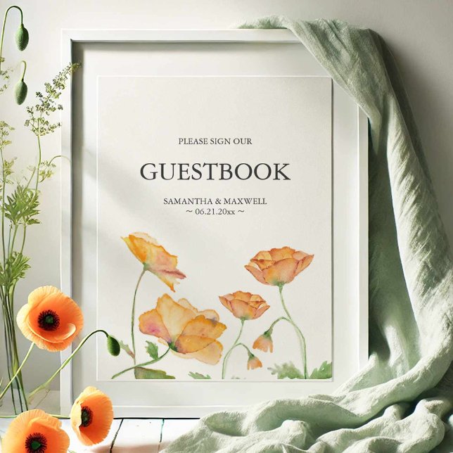 Póster Rótulo del libro de invitados boda Naranja de flor (Wedding guestbook sign watercolor orange poppy flower art by Victoria Grigaliunas Do Tell A Belle)