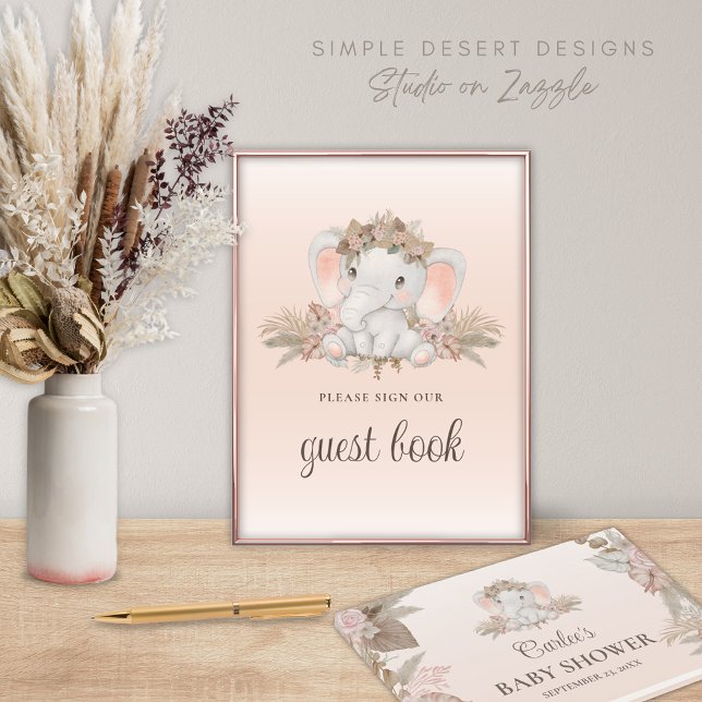 Póster Rótulo del libro de invitados Boho Floral Elephant (Boho Baby Shower Guest Book Sign with Cute Elephant and Bohemian Gender Neutral Floral Pampas Grass)