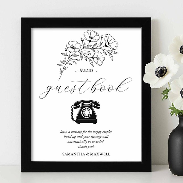 Póster Rótulo del libro de invitados de audio Boda blanco (Black and white wedding audio guestbook sign with flower line art by Victoria of Do Tell A Belle)