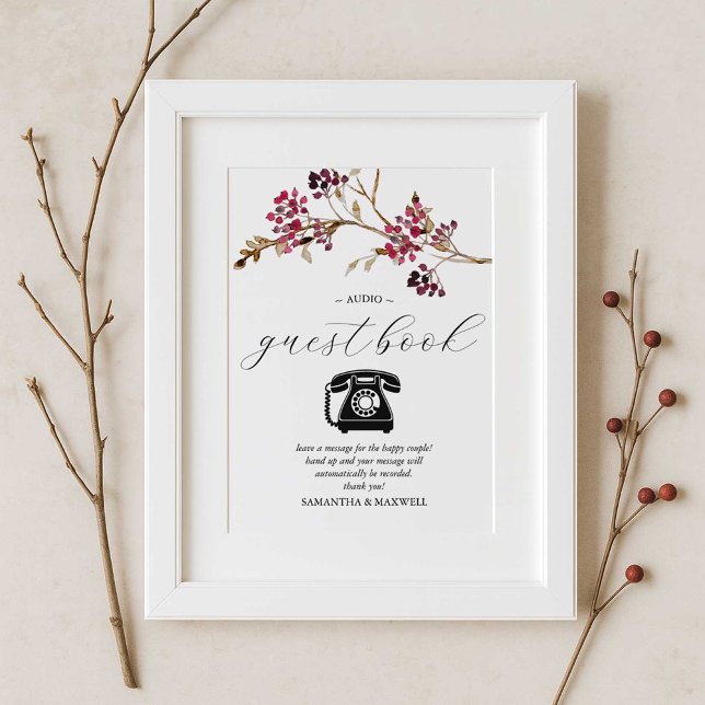 Póster Rótulo del libro de invitados de audio para Bodas  (fall bridal shower theme audio guestbook burgundy red and brown botanicals 
)