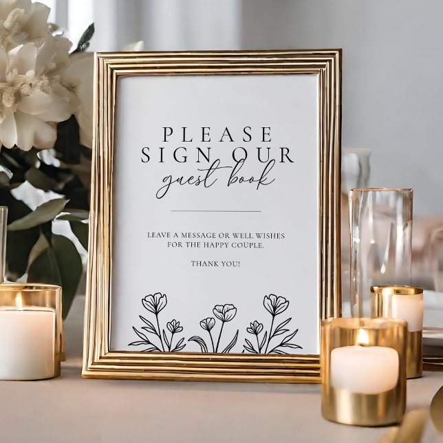 Póster Rótulo del libro de invitados de Boda floral negro (Subido por el creador)