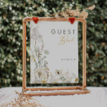 Póster Rótulo del libro de invitados para flores silvestr<br><div class="desc">Este magnífico cartel de libro de visitas es perfecto para su boda boho, sencillo y elegante. La vegetación rústica y moderna, acompañada de las minimalistas flores naturales, te ayudará a dar vida a tu visión. Este diseño de flores doradas de bonito, toques de sabio bohemio verde y morado seguro completará...</div>