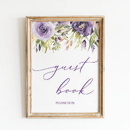Póster Rótulo del libro de invitados Purple Floral