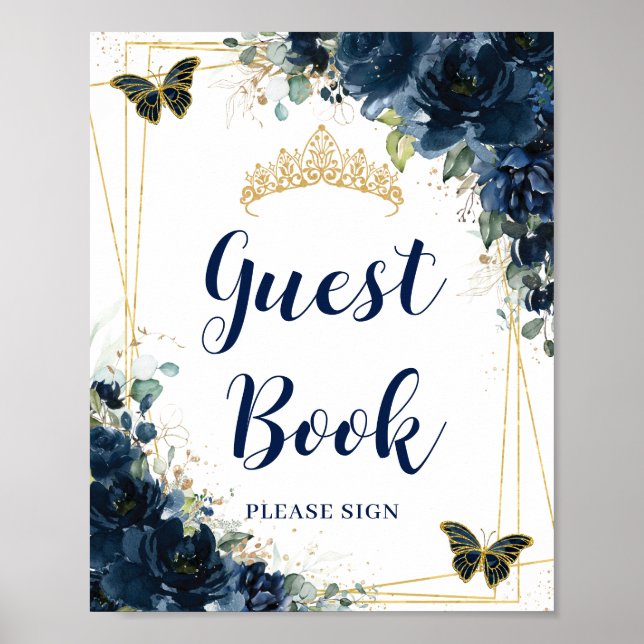 Póster Rótulo del libro de invitados Quinceañera Blue Flo (Frente)