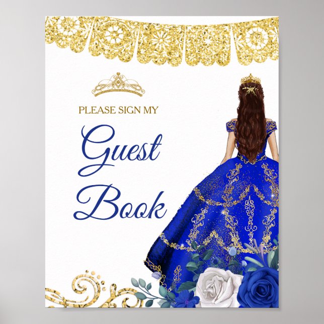 Póster Rótulo del libro de invitados Royal Blue Floral Qu (Frente)