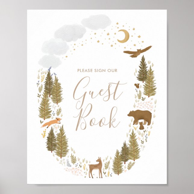 Póster Rótulo del libro de invitados Woodland Baby Shower (Frente)