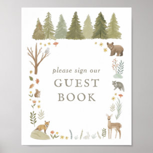 Póster Rótulo del libro de invitados Woodland Baby Shower
