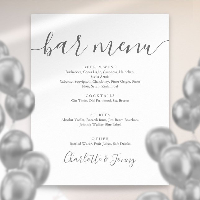 Póster Rótulo Del Menú Barra De Guión Firma Gris Y Blanco (Gray And White Signature Script Bar Menu Sign)