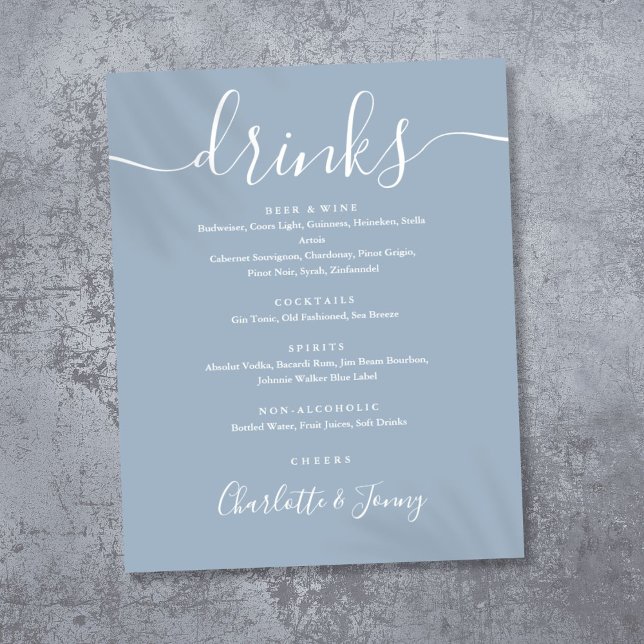 Póster Rótulo del menú Bebidas con guiones de firma azul  (Dusty Blue Signature Script Drinks Menu Sign)