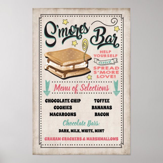 Póster Rótulo del menú de barras de S'mores (Frente)
