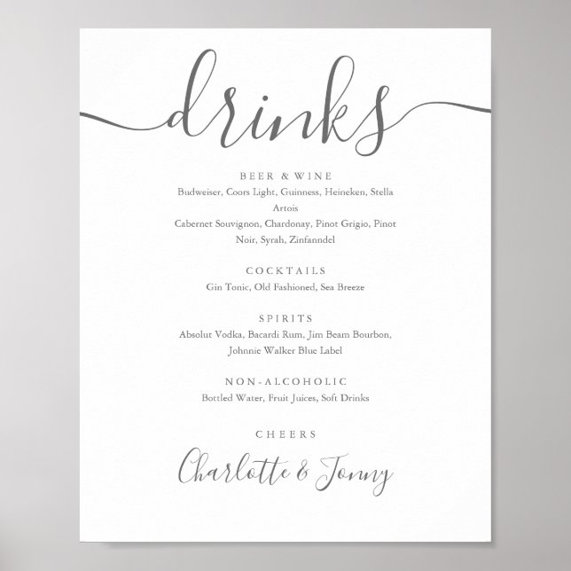 Póster Rótulo Del Menú De Bebidas De Siglas Gris Y Blanca (Frente)