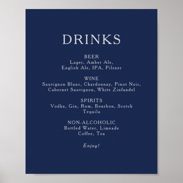 Póster Rótulo del menú de bebidas del Boda Blue Silver de (Frente)
