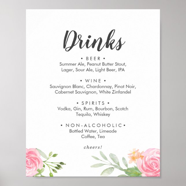 Póster Rótulo del menú de bebidas del Boda Peony de prima (Frente)