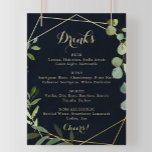Póster Rótulo del menú de bebidas del Boda verde azul geo<br><div class="desc">Este boda geométrico azul dorado verde bebe el signo del menú es perfecto para un boda sencillo. El diseño está decorado con hermosas hojas verdes pintadas a mano en un fondo azul oscuro,  adornando un marco geométrico dorado.</div>