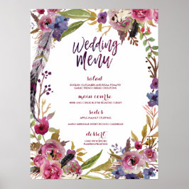 Póster Rótulo del menú Floral Boho Watercolor Boda