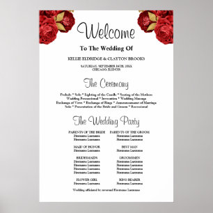 Póster Rótulo del Programa de Ceremonia Boda Floral Rojo