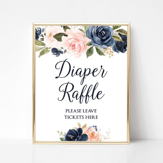 Póster Rótulo Diaper Raffle Navy Rubor Floral Baby Shower (Diaper Raffle Baby Shower Sign, Navy & Blush Floral)