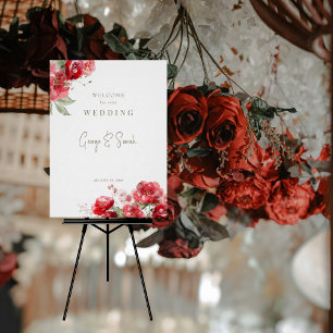 Póster Rótulo digital de bienvenida de Boda floral rojo a