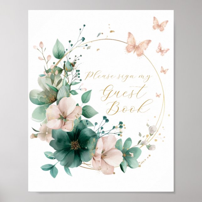 Póster Rótulo dulce de 16 estrenos de floral verde esmera (Frente)