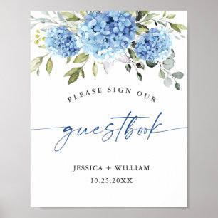 Póster Rótulo elegante Blue Hydrangea Eucalyptus Guestboo