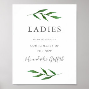 Póster Rótulo elegante de baño de bodas con hojas exubera
