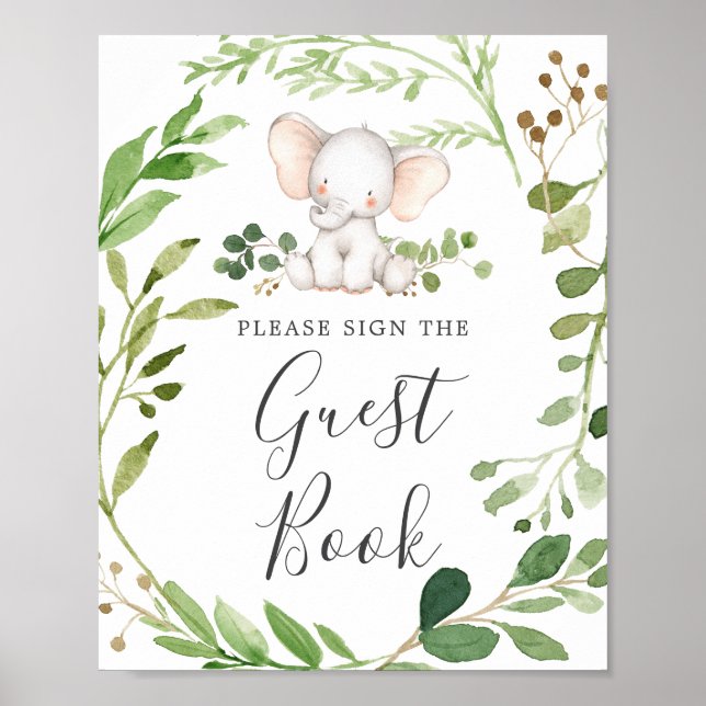 Póster Rótulo Elephant Baby Shower Guestbook (Frente)