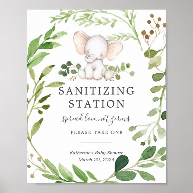 Póster Rótulo Elephant Baby Shower Sanitization Station (Frente)