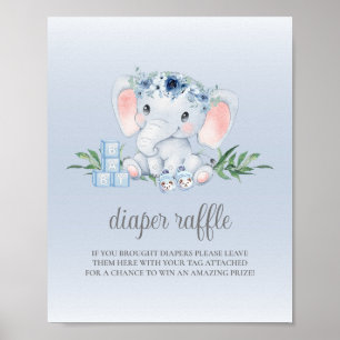 Póster Rótulo Elephant Blue Boy Baby Shower Diaper Raffle