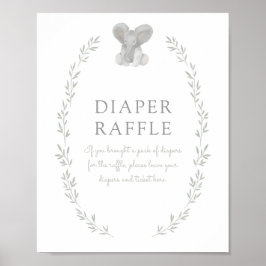 Póster Rótulo Elephant Greenery Baby Shower Diaper Raffle