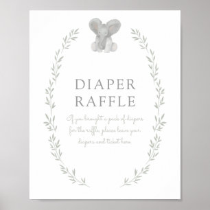 Póster Rótulo Elephant Greenery Baby Shower Diaper Raffle