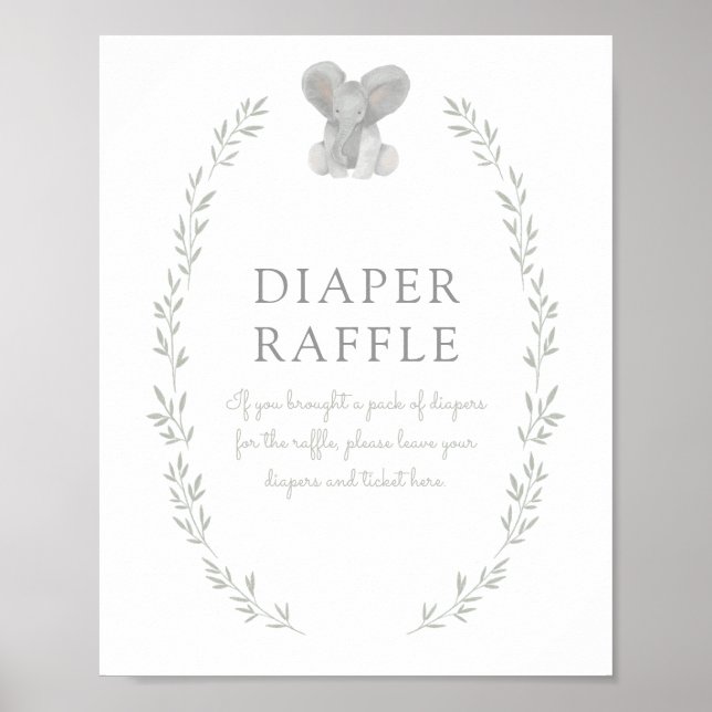 Póster Rótulo Elephant Greenery Baby Shower Diaper Raffle (Frente)