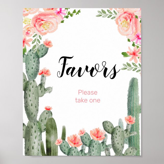Póster Rótulo Favor de la acuarela de cactus florales (Frente)