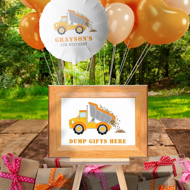 Póster Rótulo Fiesta De Los Regalos De Cumpleaños De La C (Construction Birthday Dump Gifts Here Party Sign)
