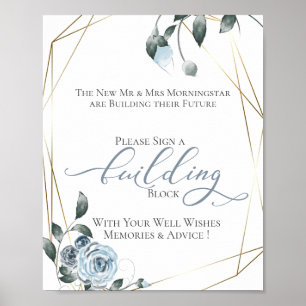 Póster Rótulo Floral Azul Dusty del bloque de construcció