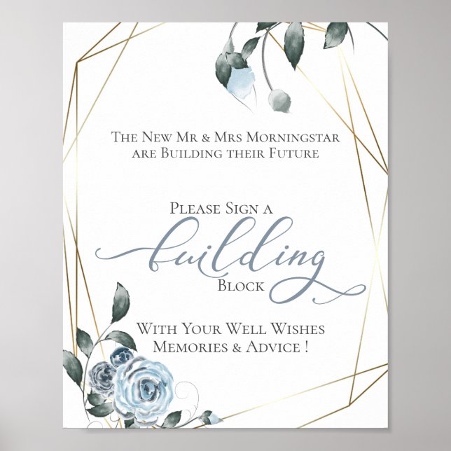 Póster Rótulo Floral Azul Dusty del bloque de construcció (Frente)