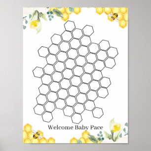 Póster Rótulo Floral Bee Honeycomb Baby Shower Guestbook