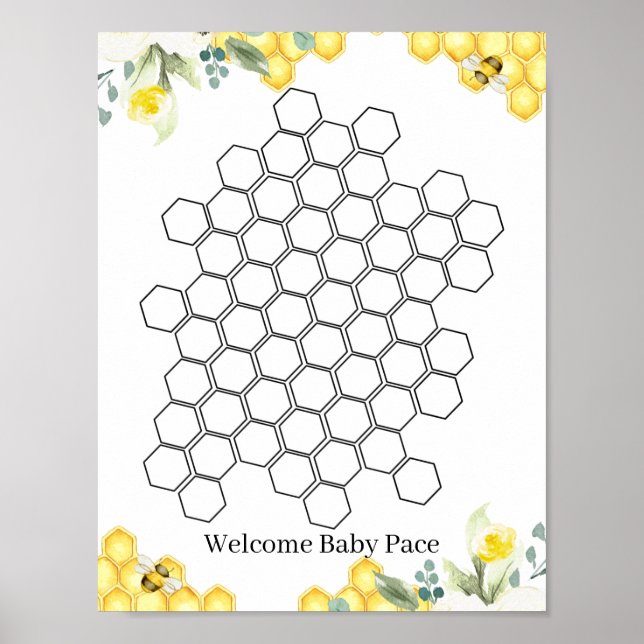 Póster Rótulo Floral Bee Honeycomb Baby Shower Guestbook (Frente)