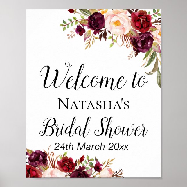 Póster Rótulo floral Borgoña Boho - Signo de bienvenida (Frente)