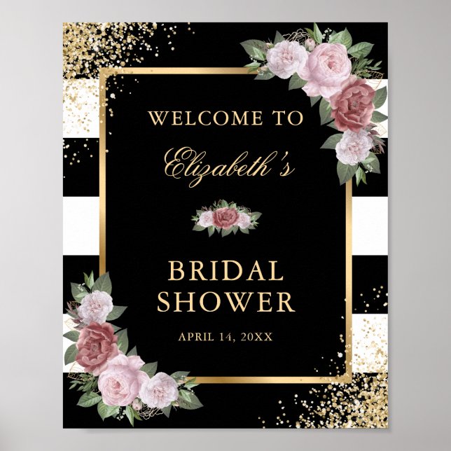 Póster Rótulo Floral Bridal Shower Rubor de oro blanco ne (Frente)
