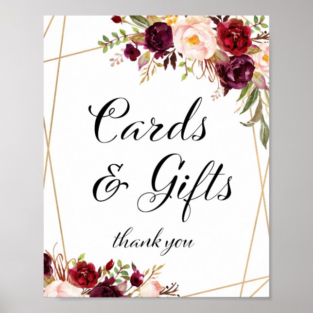 Póster Rótulo floral de Boho Borgoña de 8 x 10" (Frente)