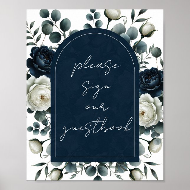 Póster Rótulo Floral Moderno Azul Oscuro y Blanco (Frente)