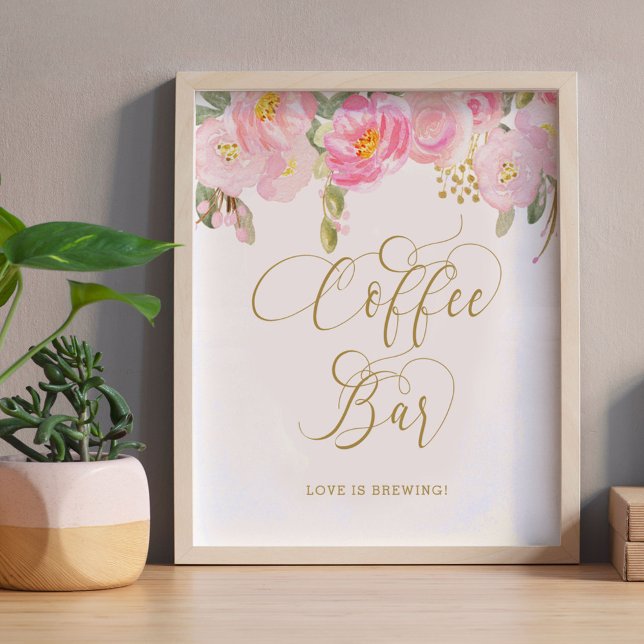 Póster Rótulo Floral Pink Gold Calligraphy Coffbar (Coffee Bar Sign from my Pink and Gold Watercolor Floral Collection)