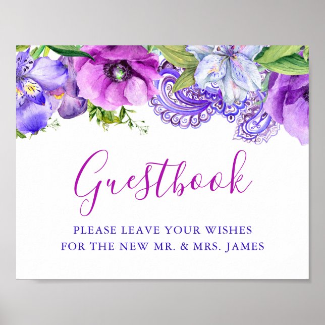 Póster Rótulo Floral Purple Paisley Boda Guestbook (Frente)